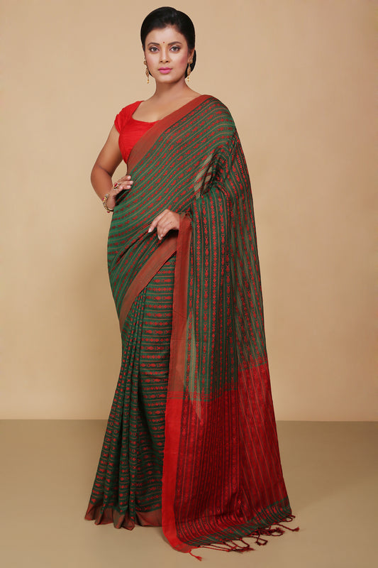 All over fish motive cotton saree (Green Red)