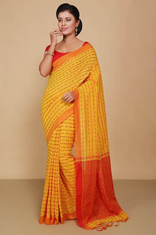 All over fish motive cotton saree (Yellow Red)