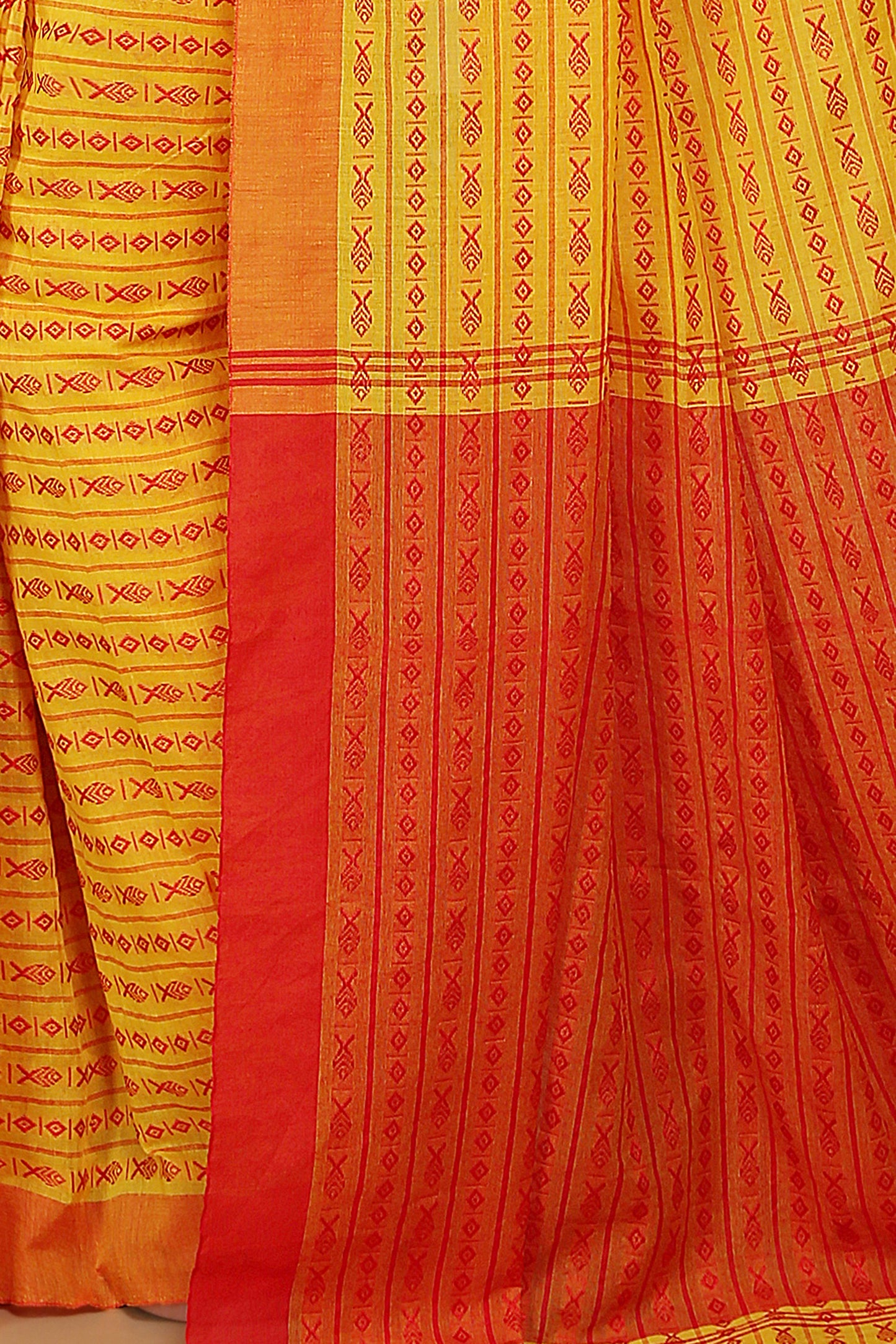 All over fish motive cotton saree (Yellow Red)