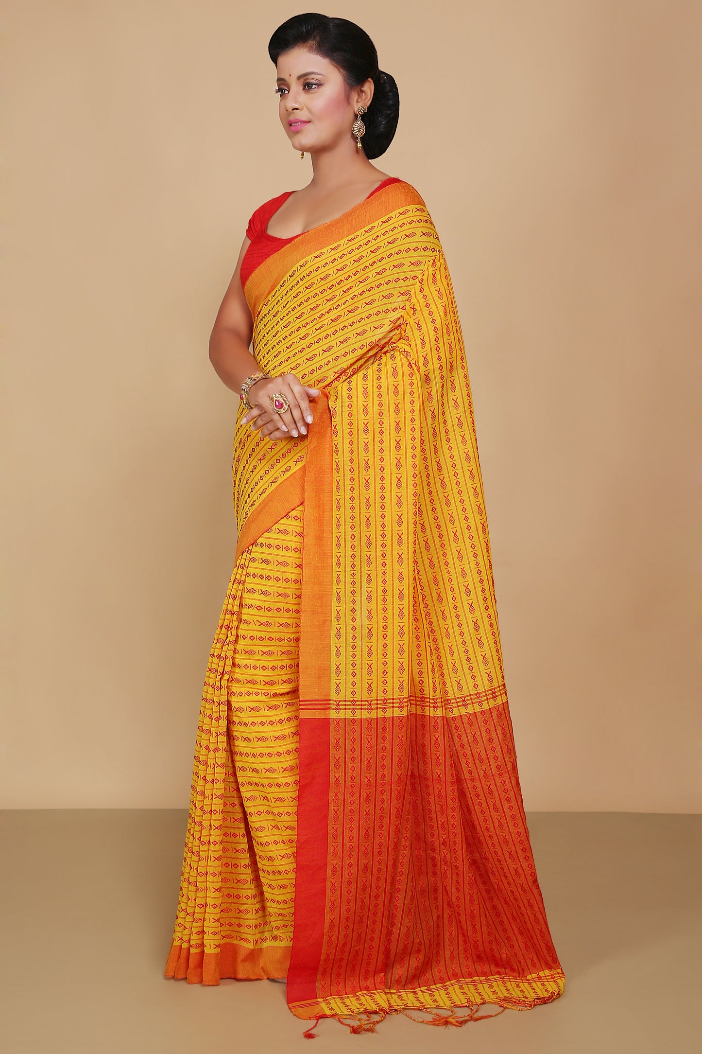 All over fish motive cotton saree (Yellow Red)