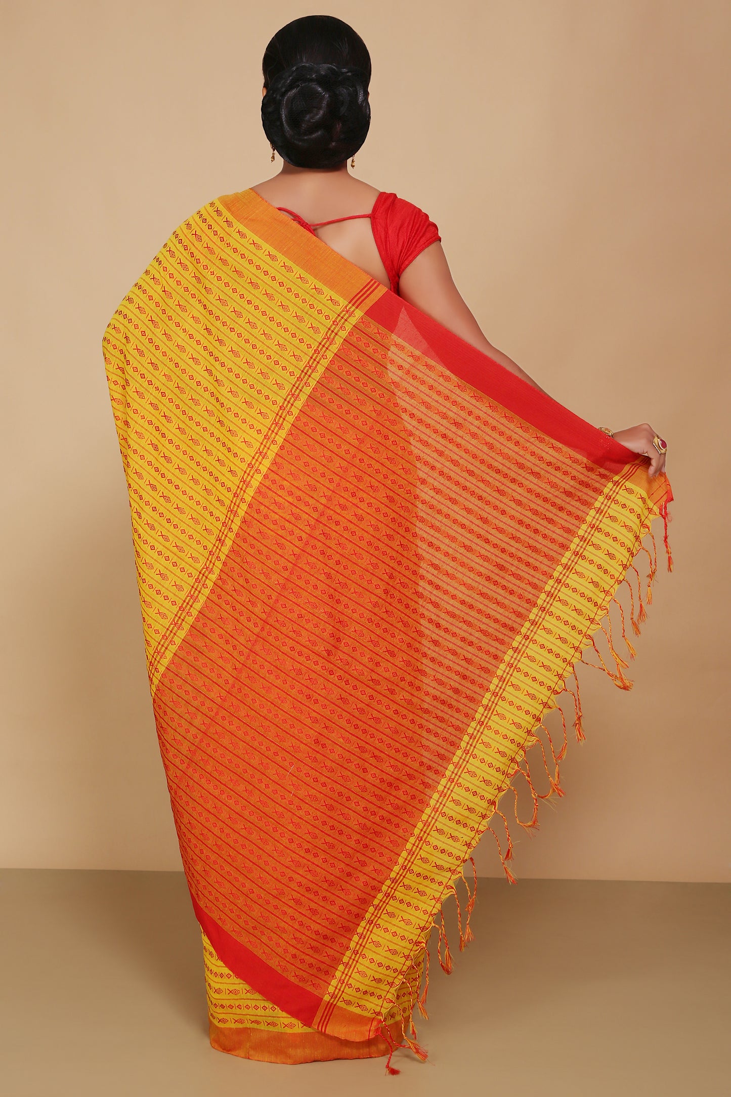 All over fish motive cotton saree (Yellow Red)