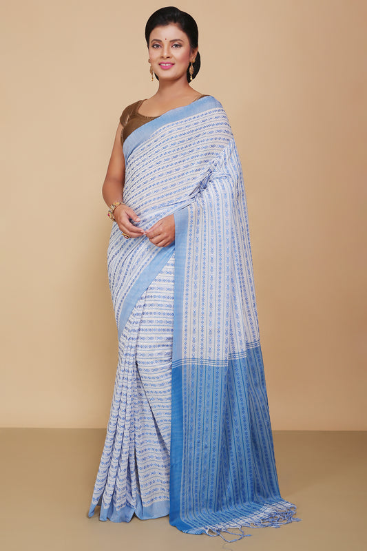 All over fish motive cotton saree (White Sky)