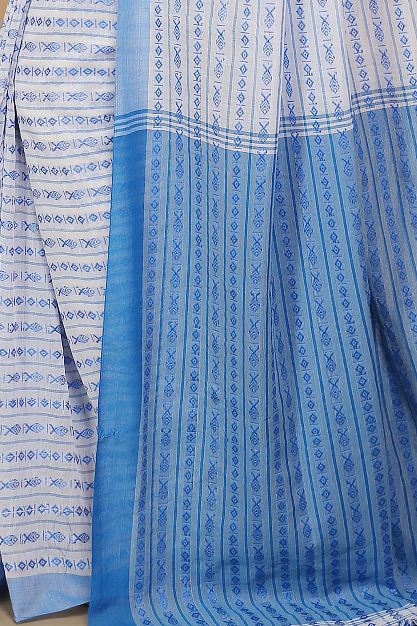 All over fish motive cotton saree (White Sky)