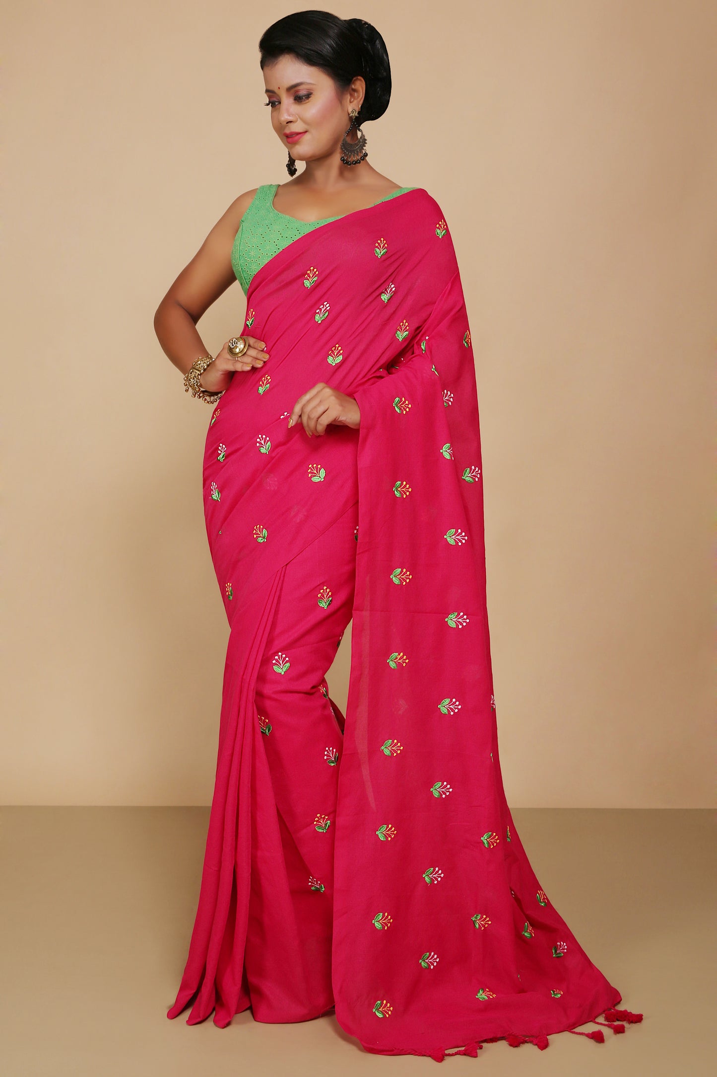 Lamp Embroidery Cotton saree With Blouse Piece (Pink)