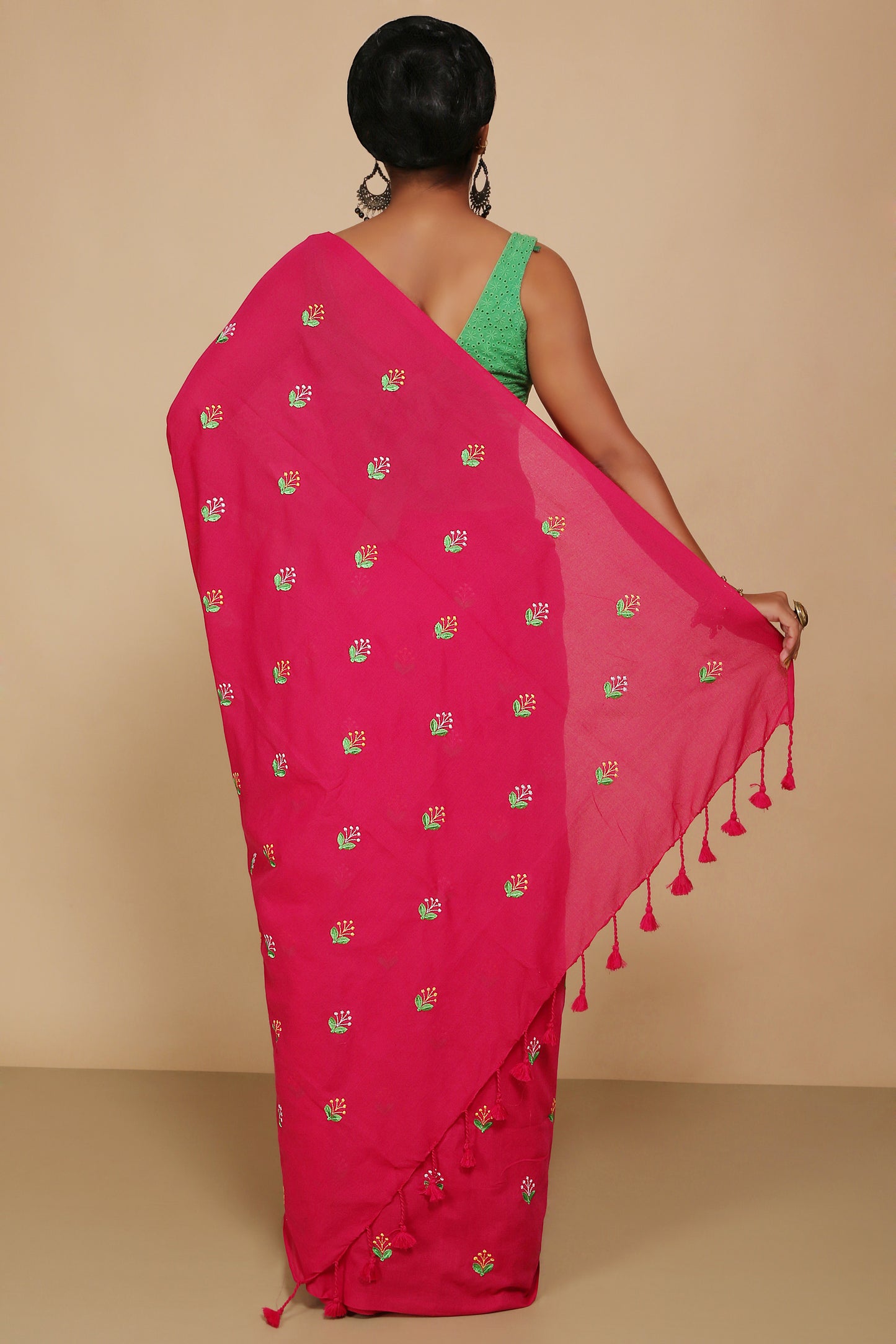 Lamp Embroidery Cotton saree With Blouse Piece (Pink)