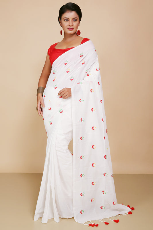 Lamp Embroidery Cotton saree With Blouse Piece (White)