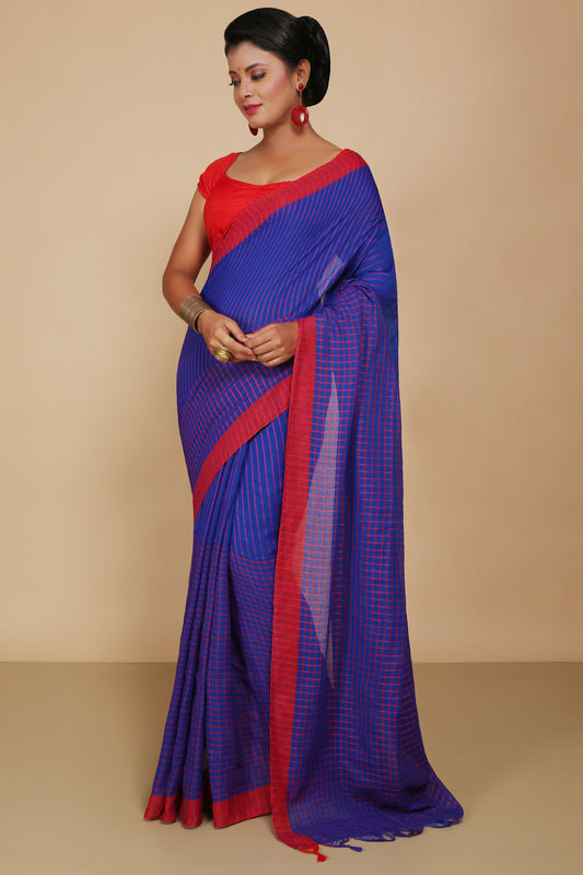 Traditional Cotton Check Saree With Blouse Piece (Blue)