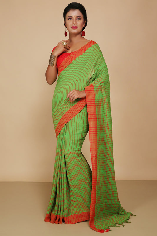 Traditional Cotton Check Saree With Blouse Piece (Green)