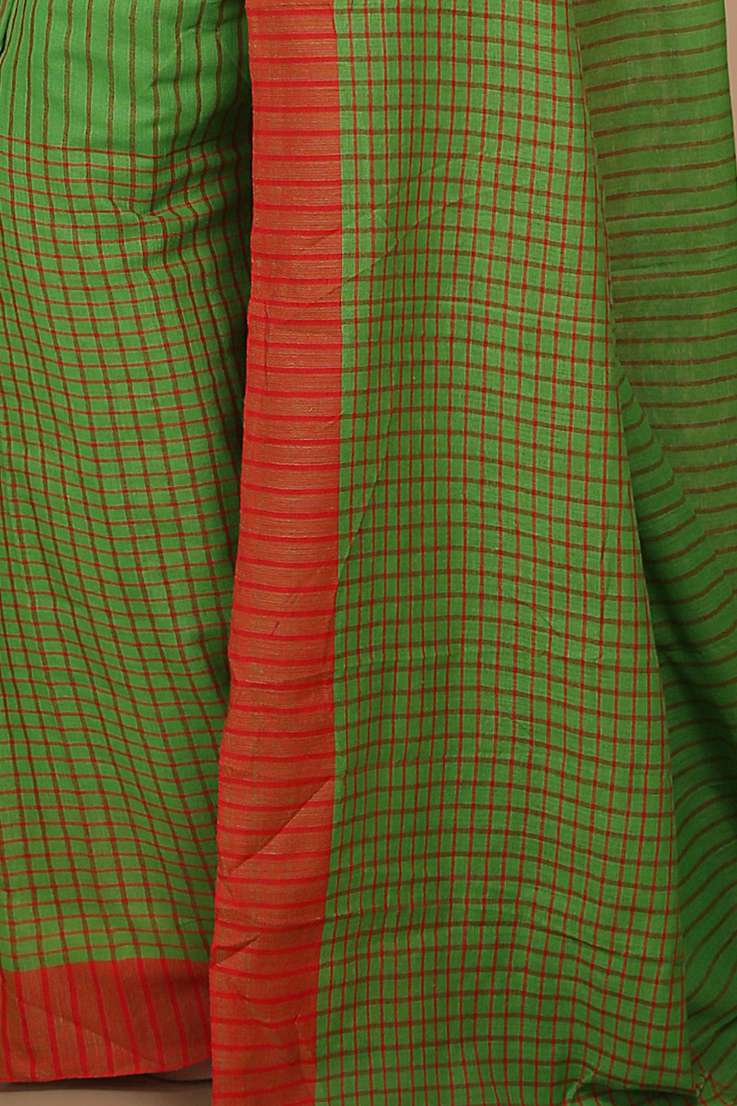 Traditional Cotton Check Saree With Blouse Piece (Green)