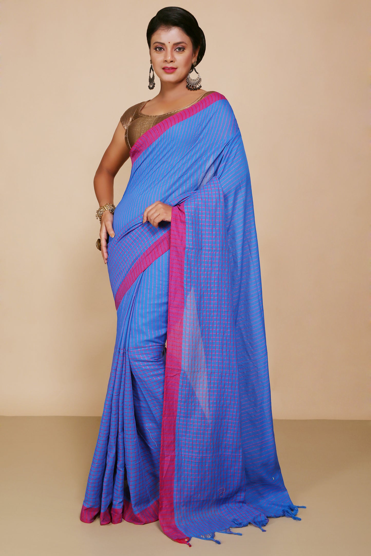 Traditional Cotton Check Saree With Blouse Piece (Turquise)