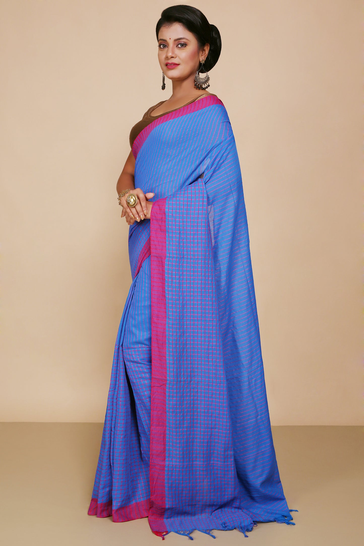 Traditional Cotton Check Saree With Blouse Piece (Turquise)