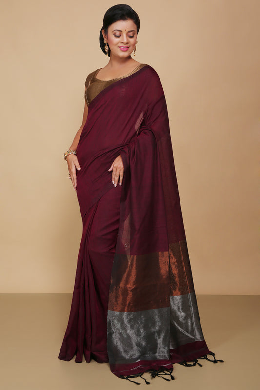 Cotton Body Anchal Tissue Saree (Maroon)