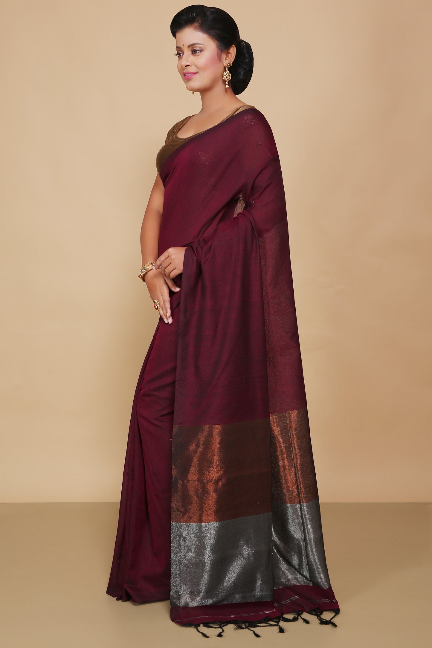 Cotton Body Anchal Tissue Saree (Maroon)