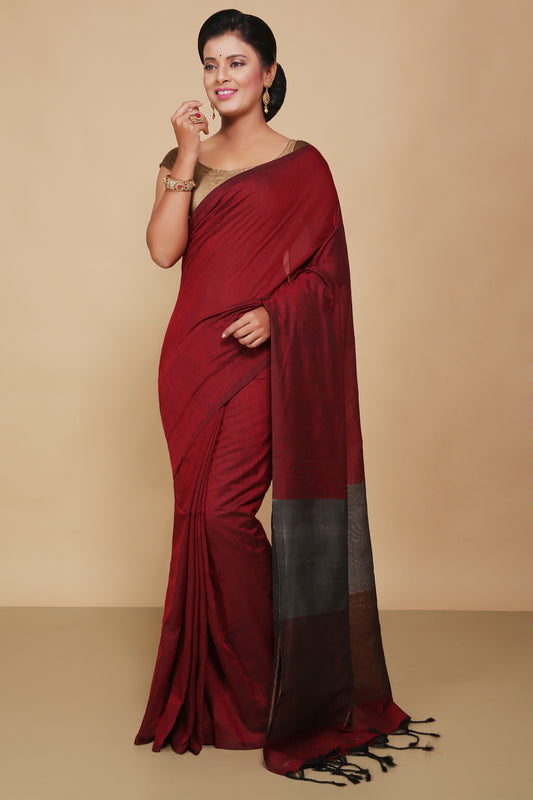 Cotton Body Anchal Tissue Saree (Red)