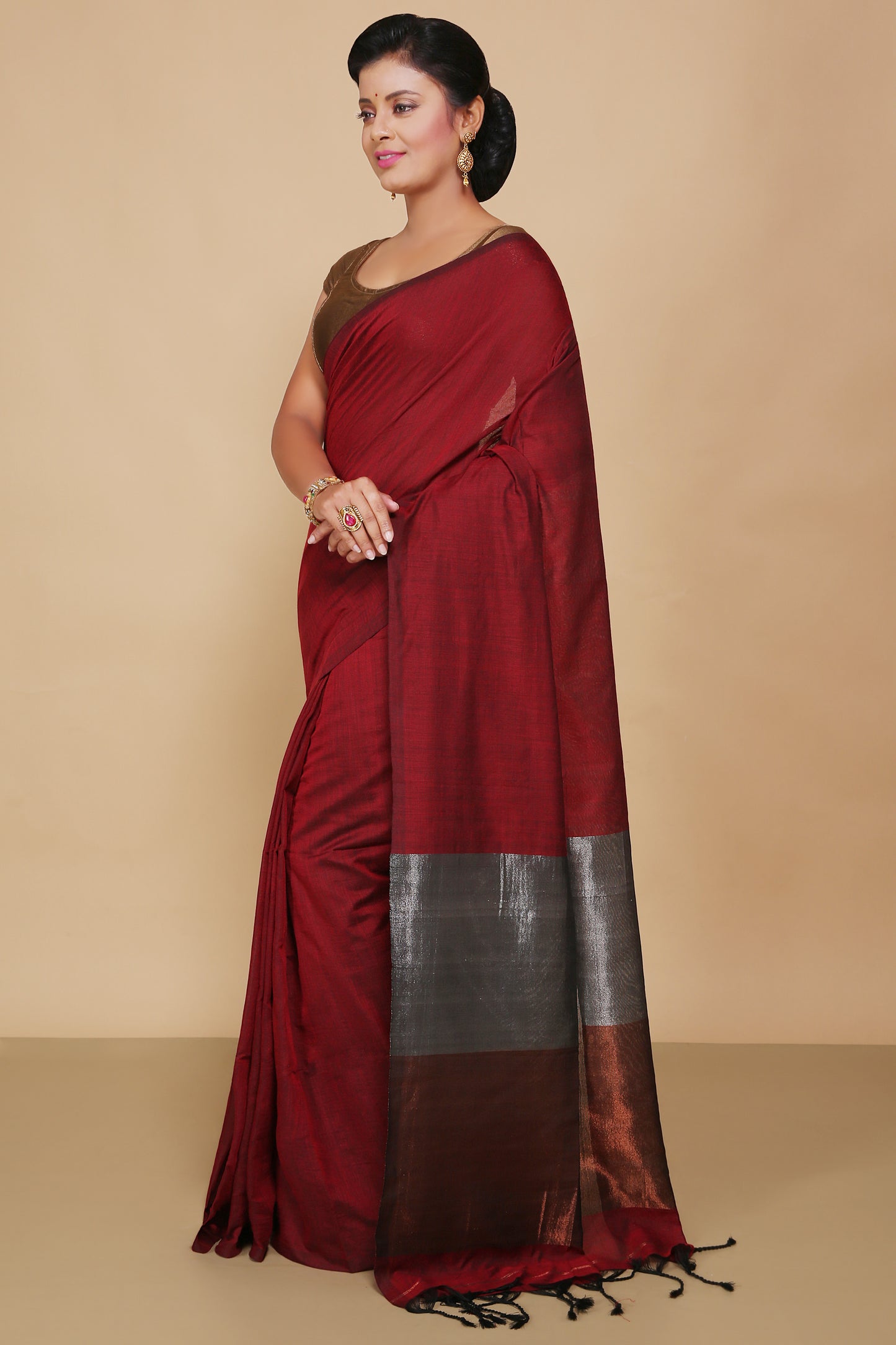 Cotton Body Anchal Tissue Saree (Red)