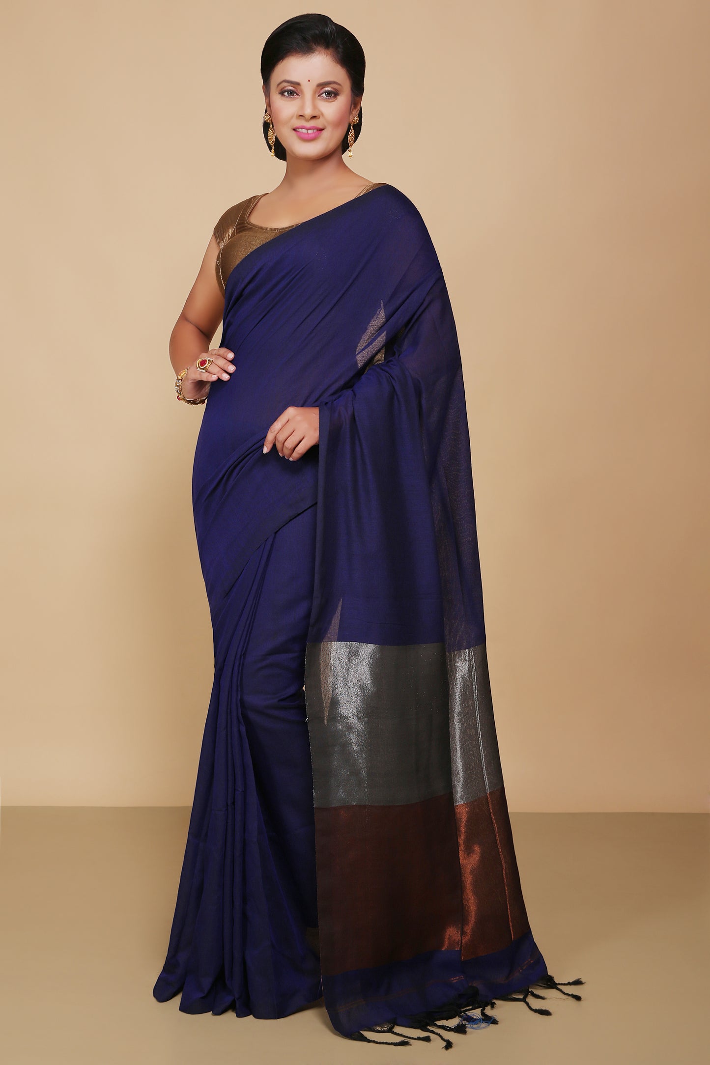 Cotton Body Anchal Tissue Saree (Blue)