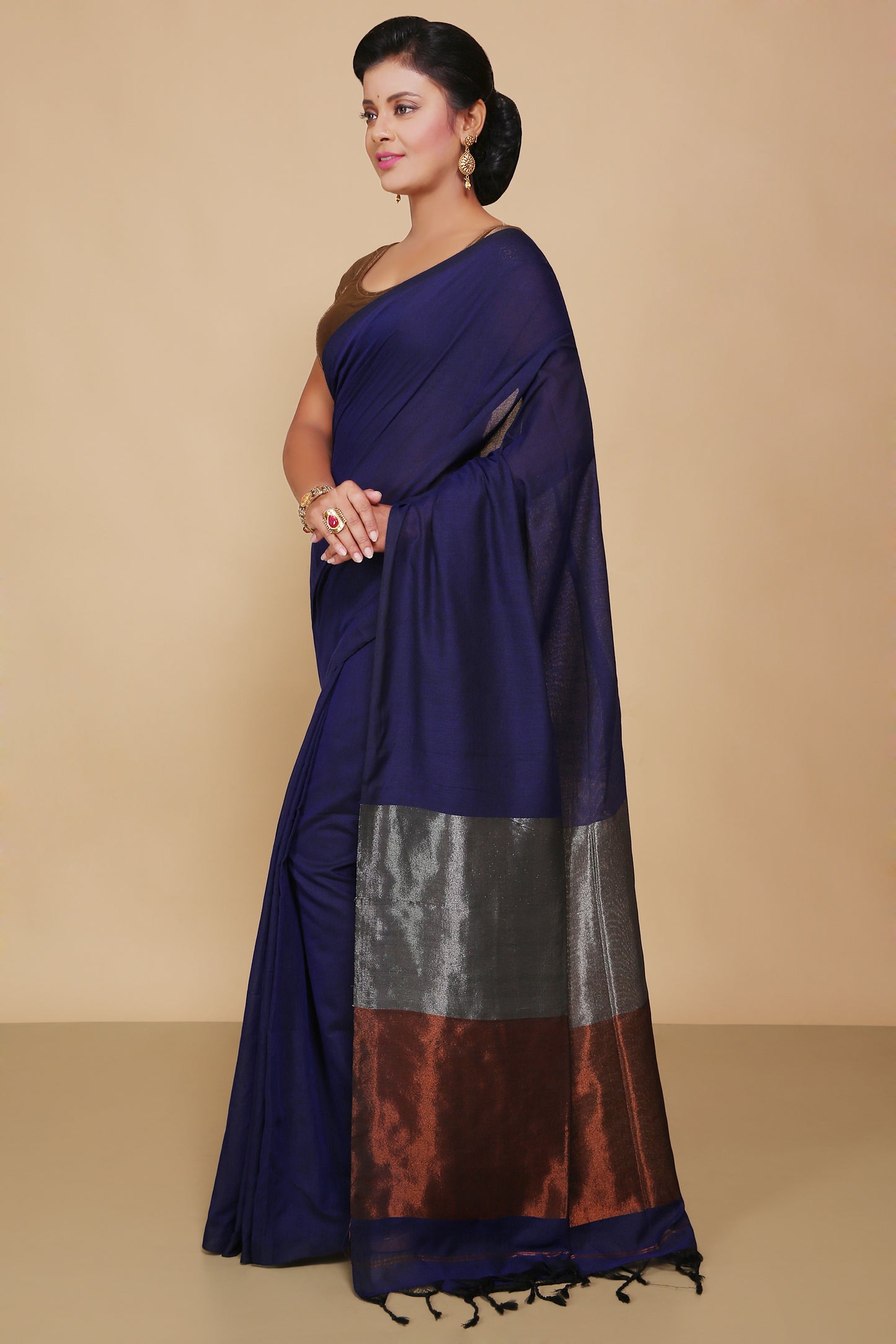 Cotton Body Anchal Tissue Saree (Blue)