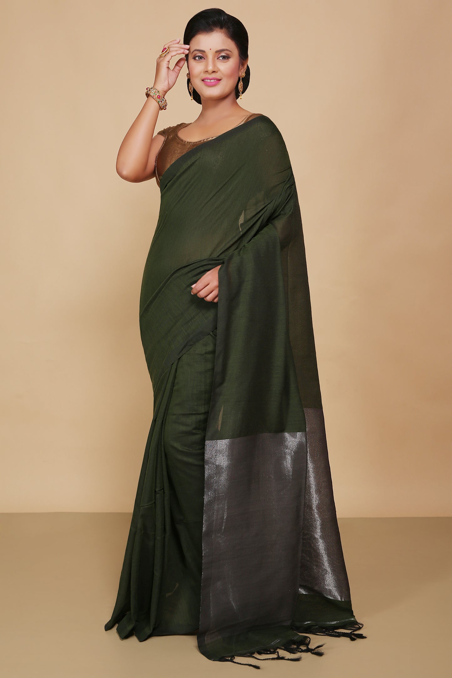 Cotton Body Anchal Tissue Saree (Green)