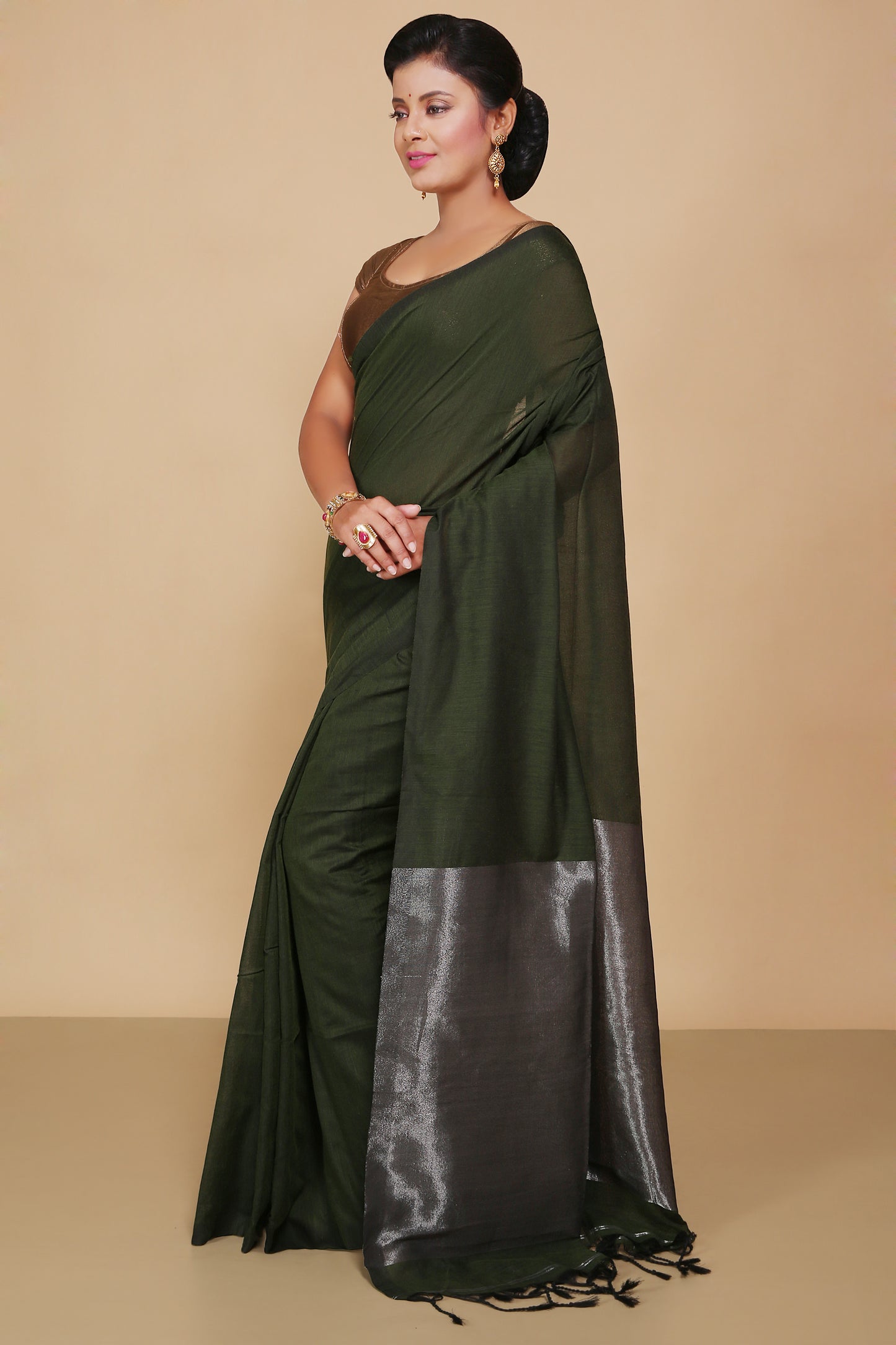 Cotton Body Anchal Tissue Saree (Green)