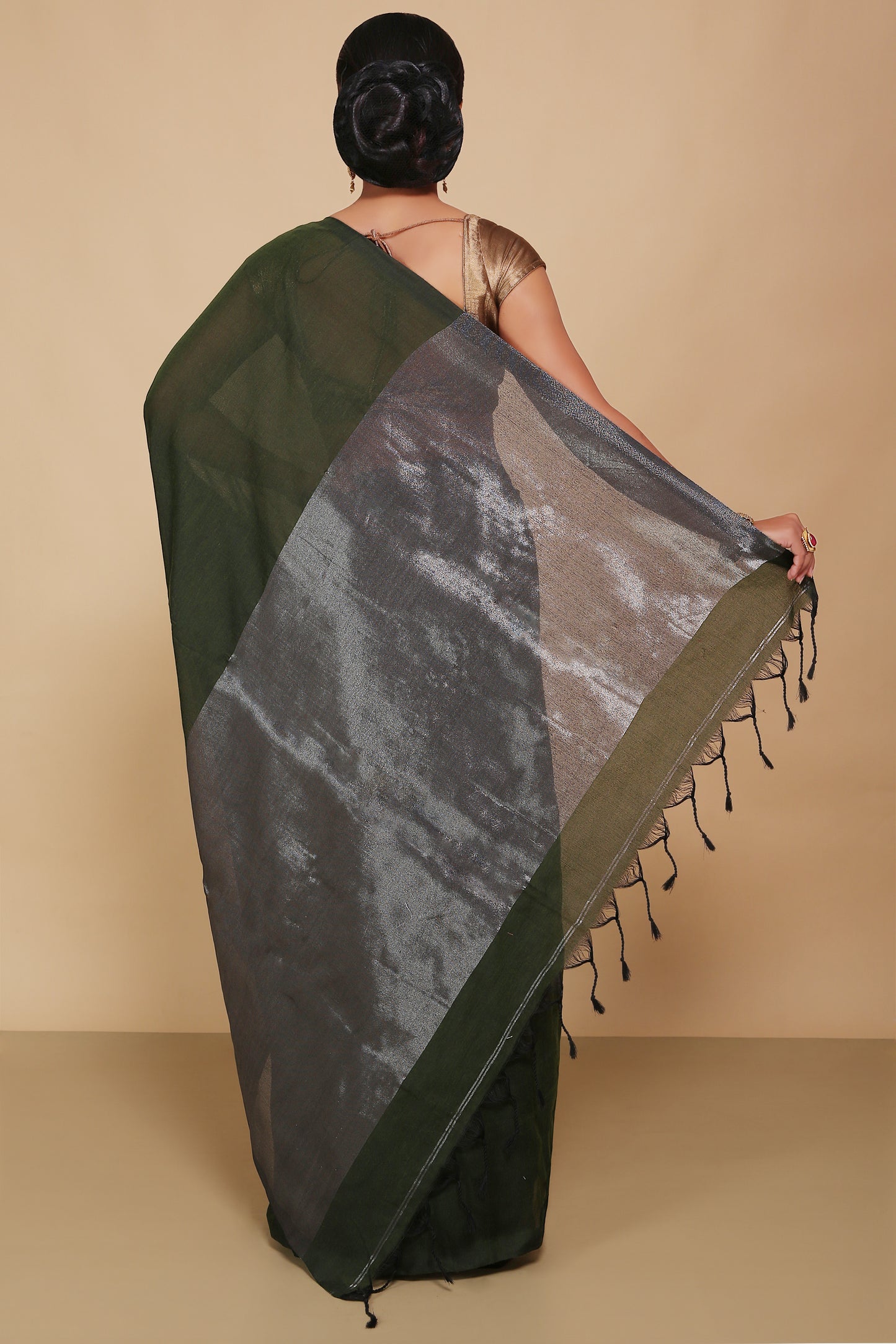 Cotton Body Anchal Tissue Saree (Green)