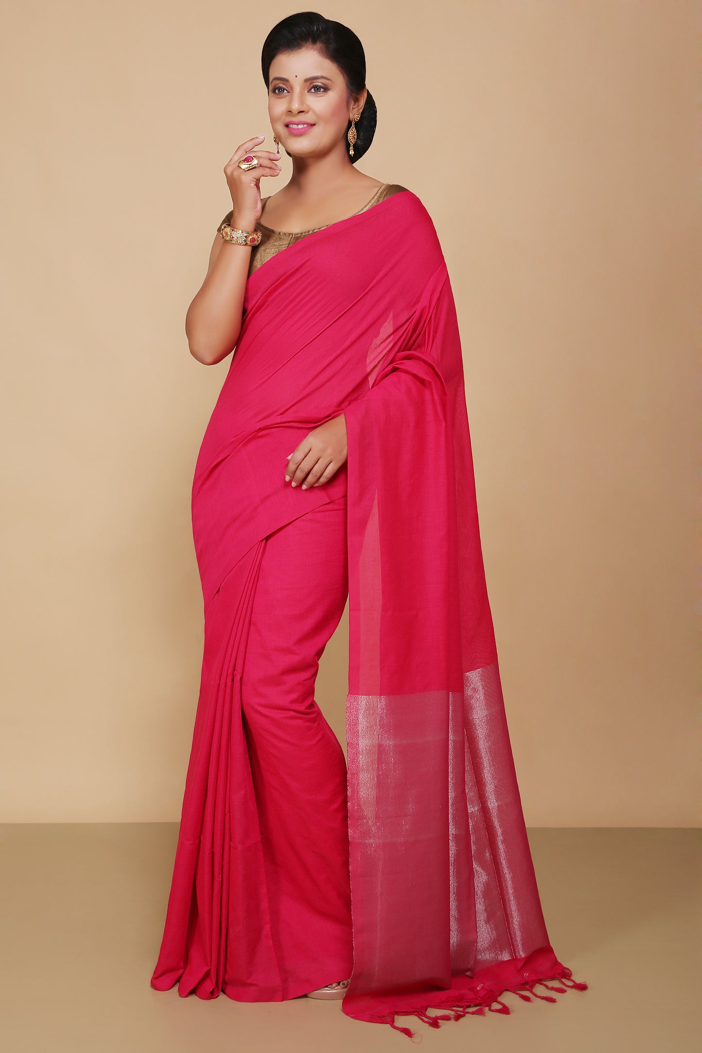 Cotton Body Anchal Tissue Saree (Pink)