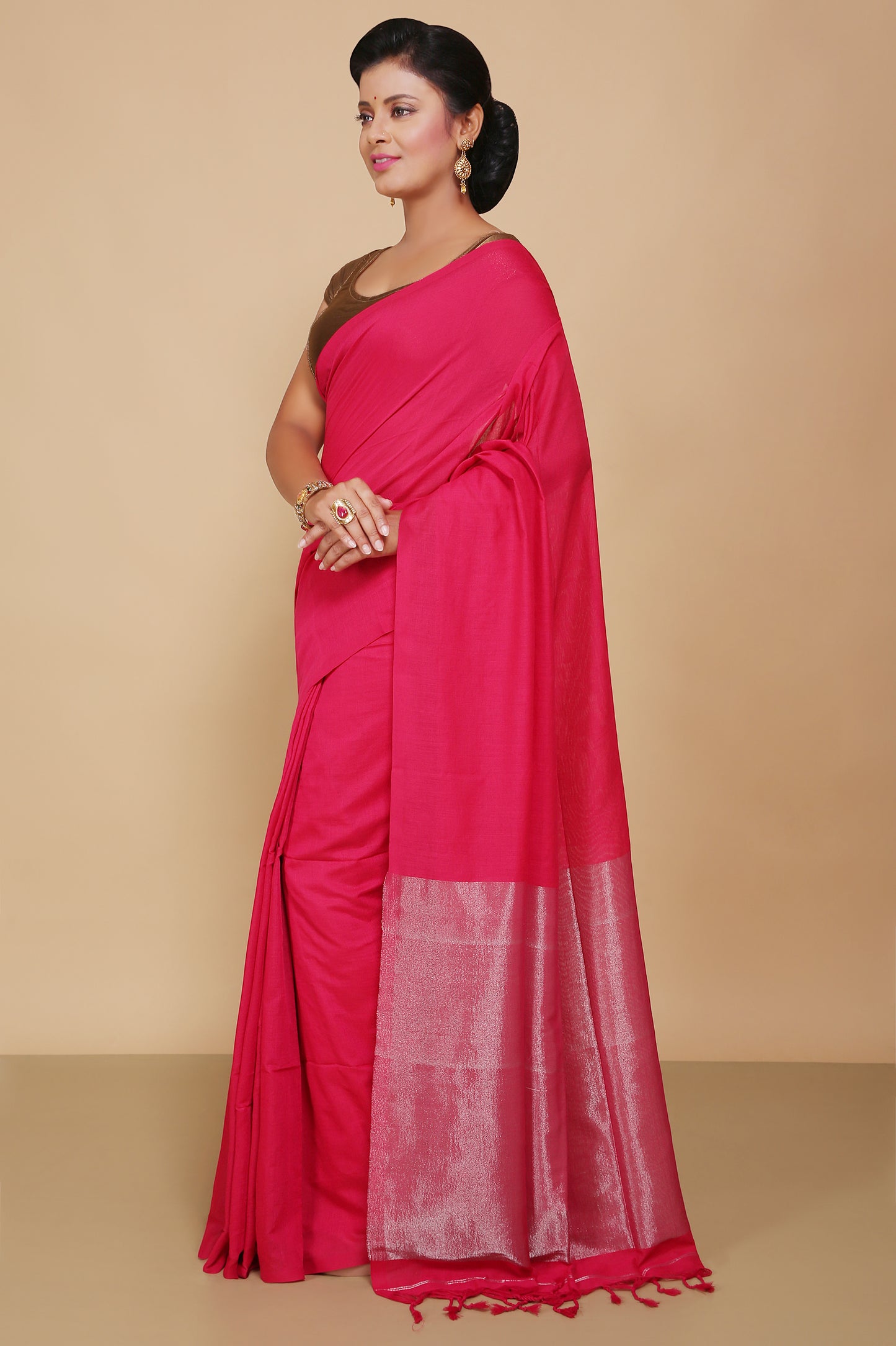 Cotton Body Anchal Tissue Saree (Pink)