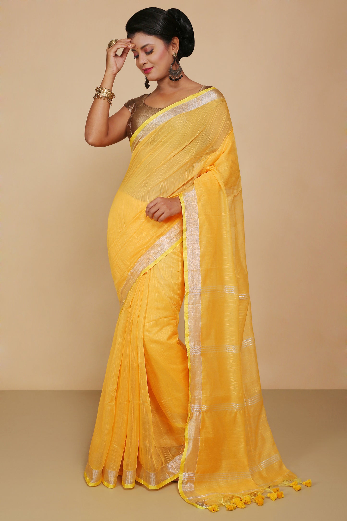 Traditional Indian Weaving Anchal Jari Cotton Check Saree With Blouse Piece (Yellow)