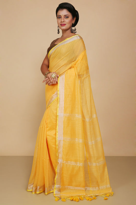 Traditional Indian Weaving Anchal Jari Cotton Check Saree With Blouse Piece (Yellow)