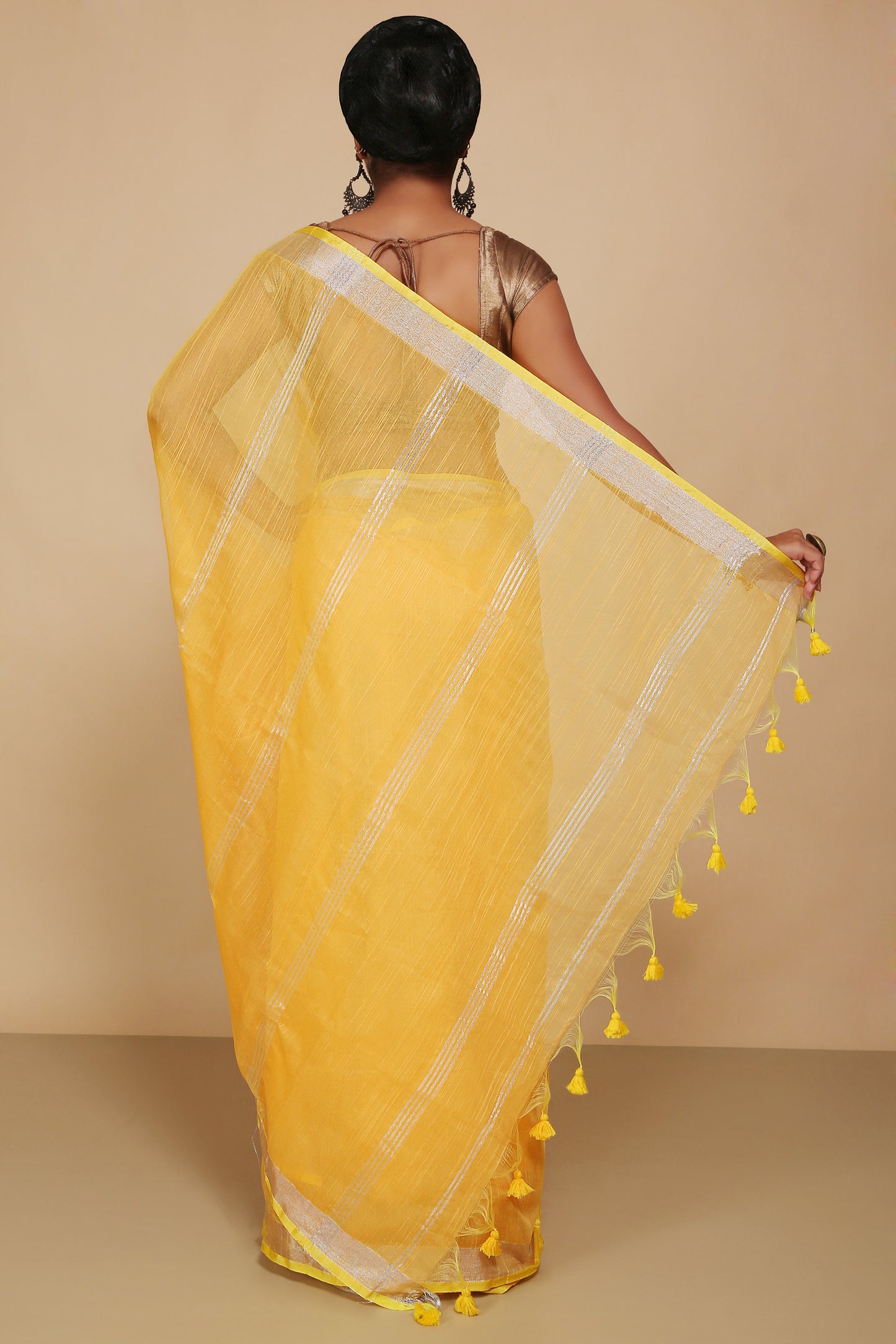 Traditional Indian Weaving Anchal Jari Cotton Check Saree With Blouse Piece (Yellow)