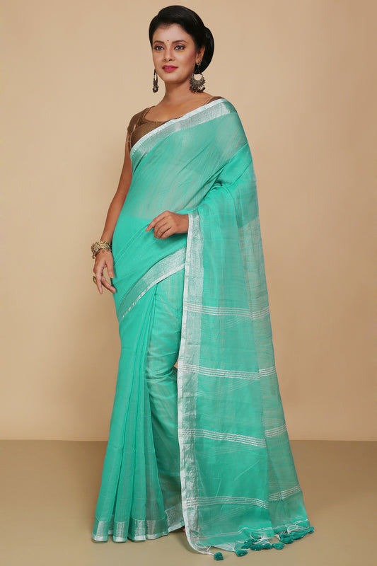 Traditional Indian Weaving Anchal Jari Cotton Check Saree With Blouse Piece (Sky)