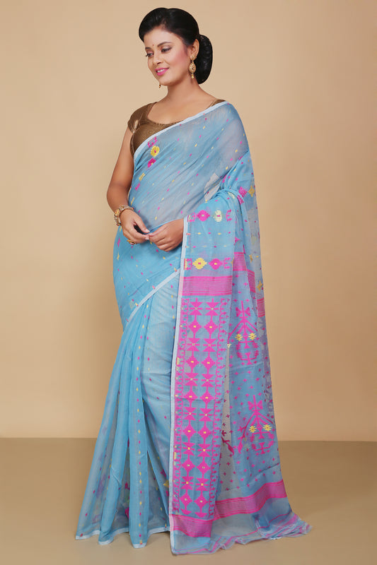 Mina work dhakai jamdani saree (Sky)