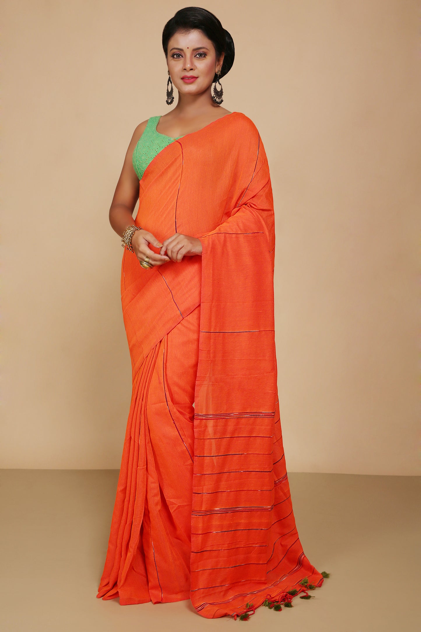 Traditional Khes Cotton Saree With Blouse Piece (Orange)