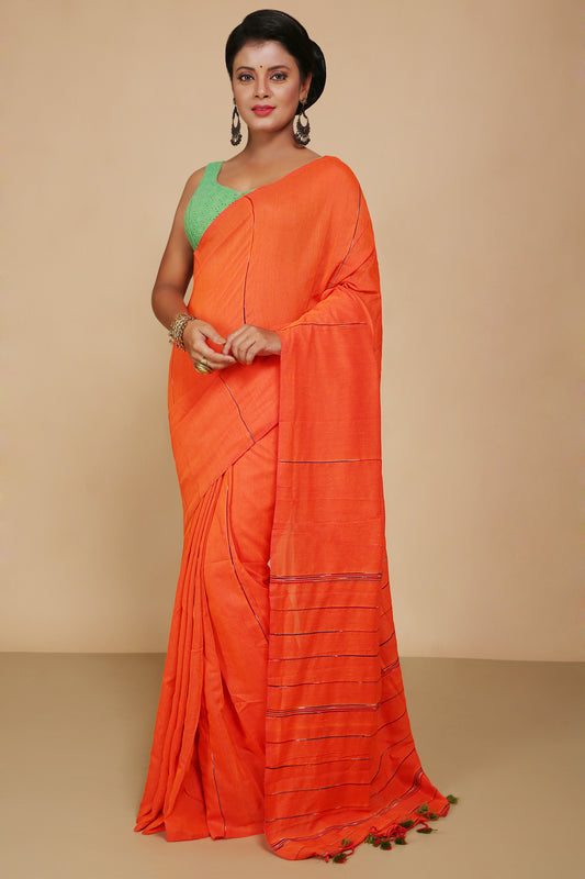 Traditional Khes Cotton Saree With Blouse Piece (Orange)