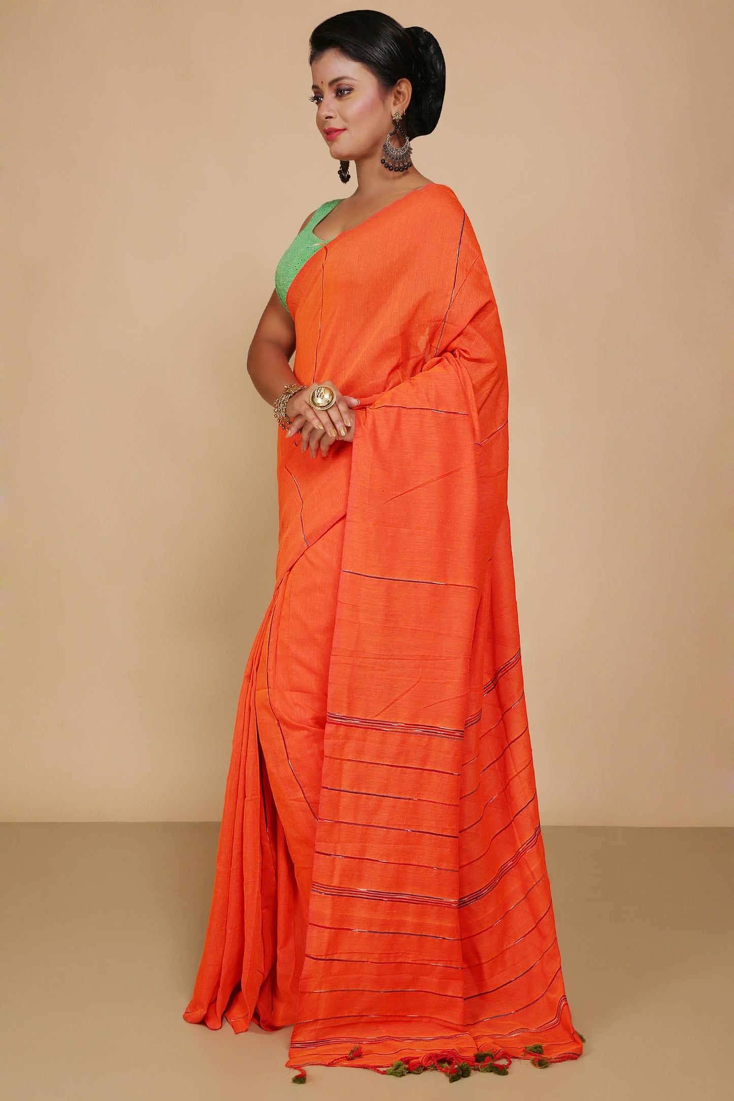 Traditional Khes Cotton Saree With Blouse Piece (Orange)