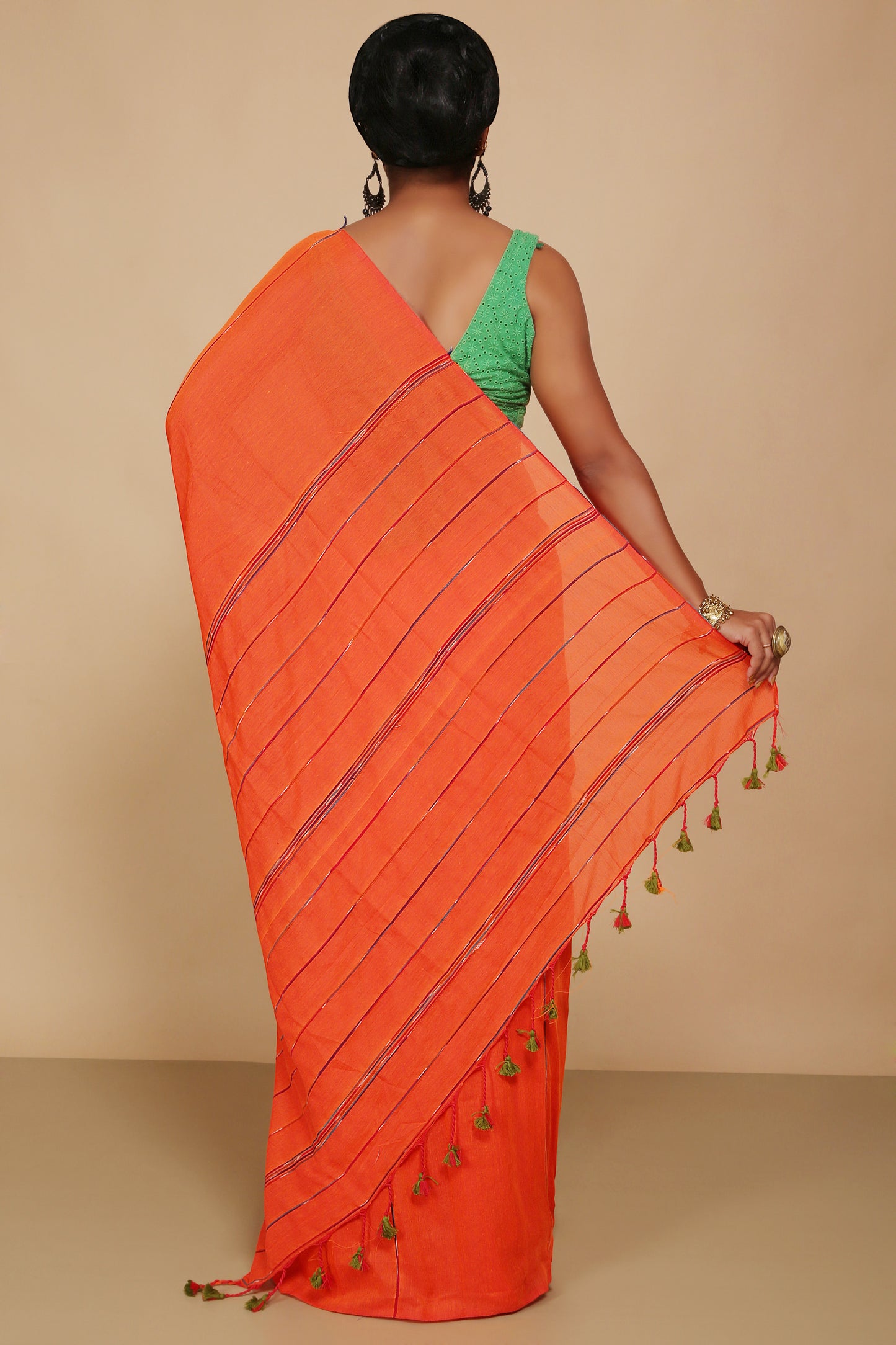 Traditional Khes Cotton Saree With Blouse Piece (Orange)