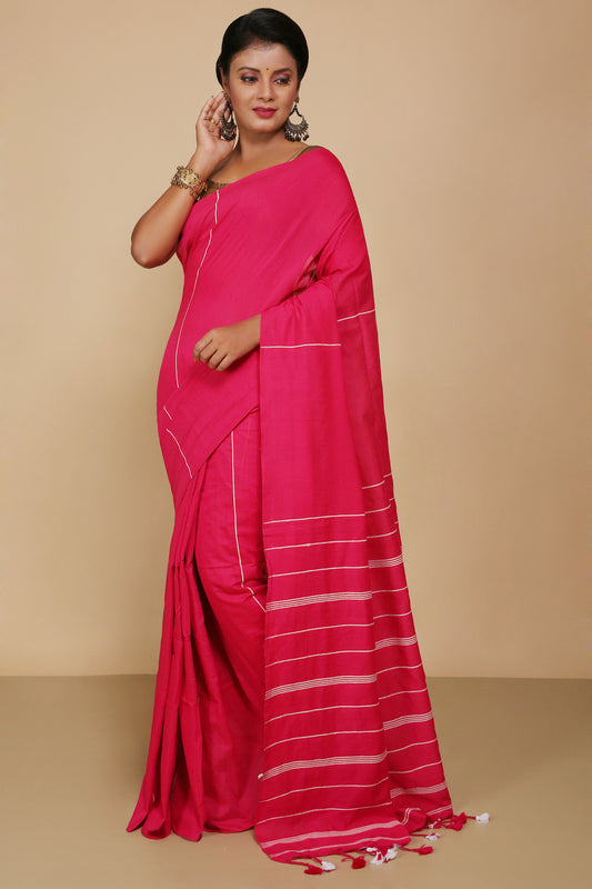 Traditional Khes Cotton Saree With Blouse Piece (Pink)