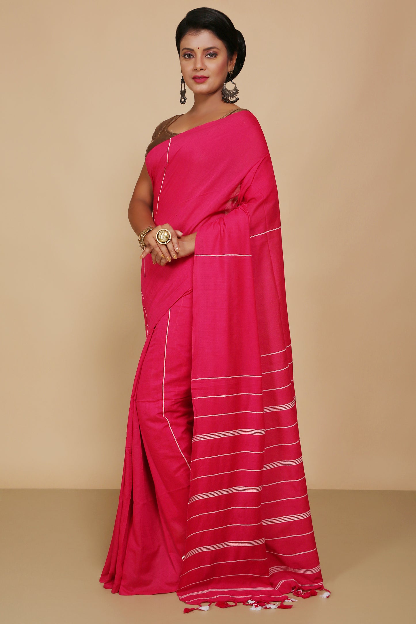 Traditional Khes Cotton Saree With Blouse Piece (Pink)