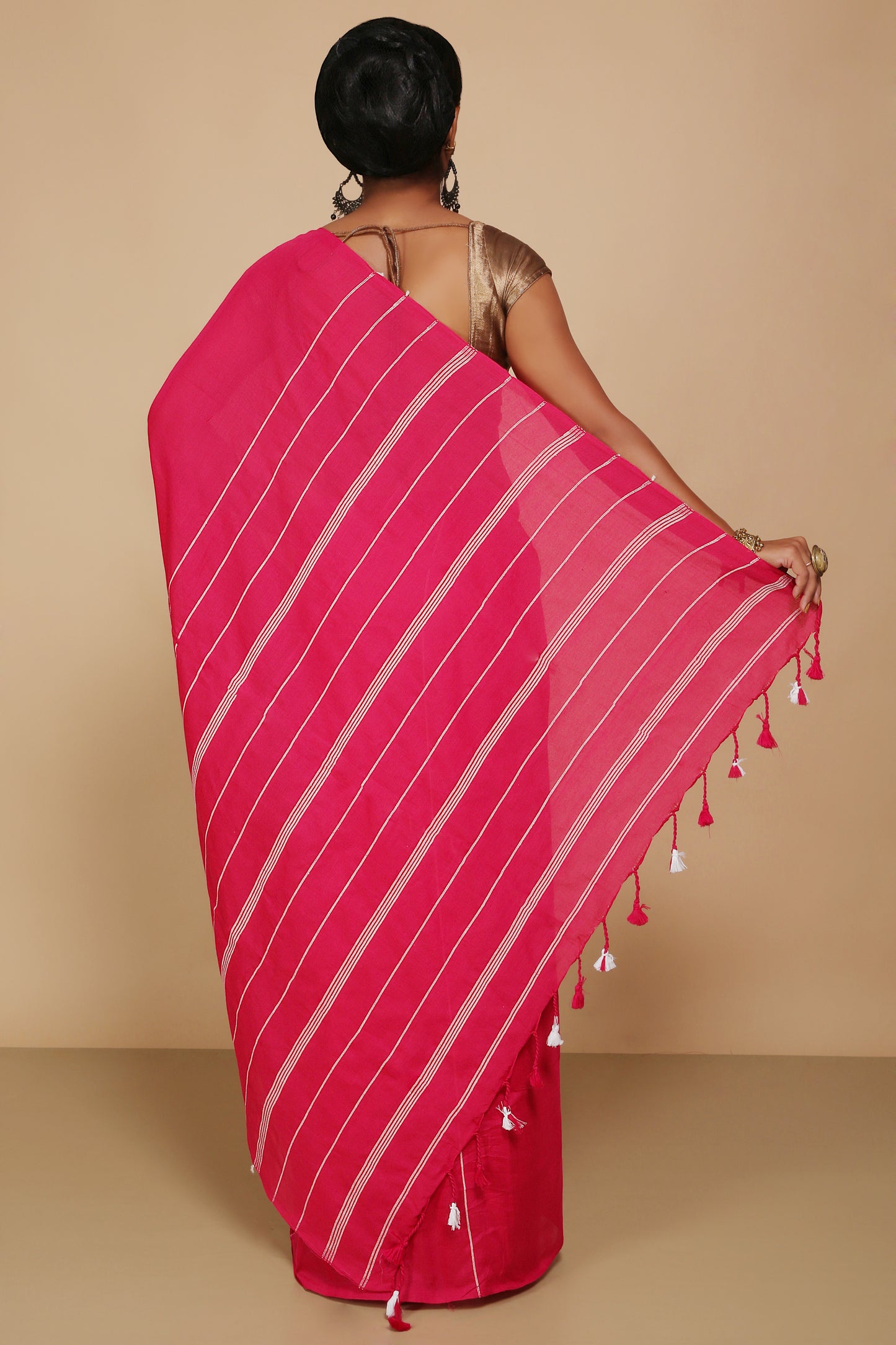 Traditional Khes Cotton Saree With Blouse Piece (Pink)