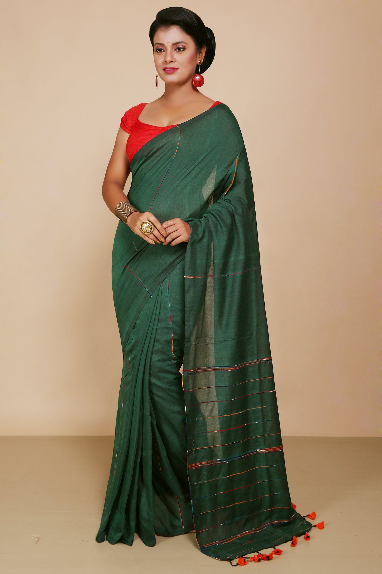 Traditional Khes Cotton Saree With Blouse Piece (Green)