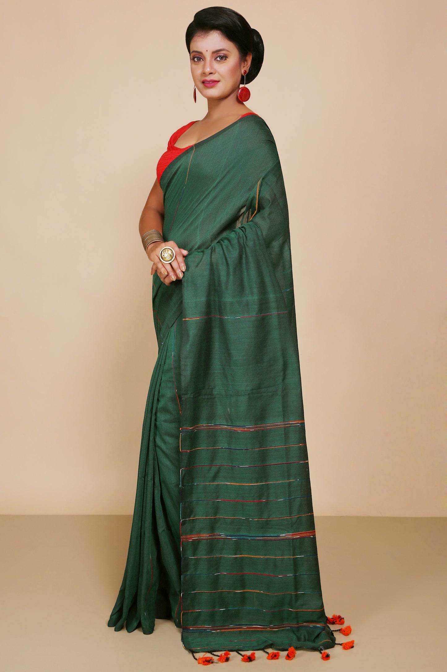 Traditional Khes Cotton Saree With Blouse Piece (Green)