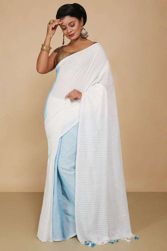 Cotton two-colour molmol Saree With Blouse Piece (White Turquise)