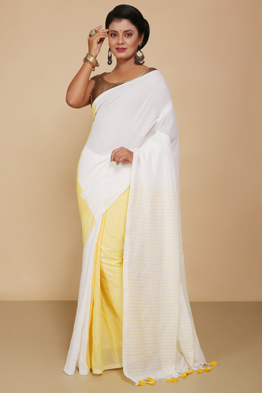 Cotton two-colour molmol Saree With Blouse Piece (White Yellow)