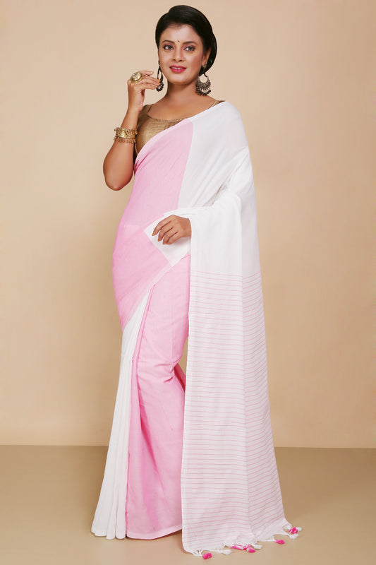 Cotton two-colour molmol Saree With Blouse Piece (White Pink)