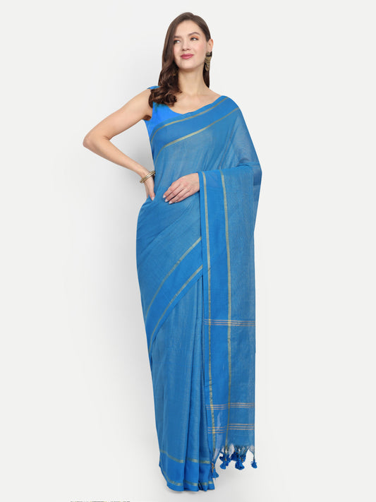 Cotton Jari Check Handloom Saree (Sky)