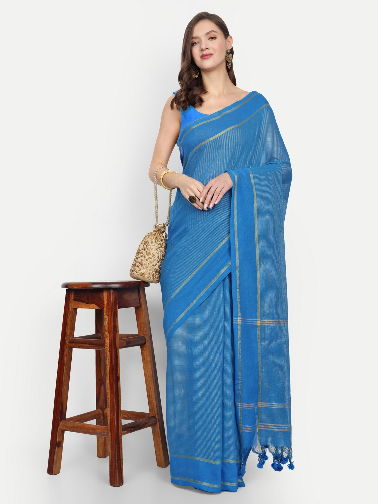 Cotton Jari Check Handloom Saree (Sky)