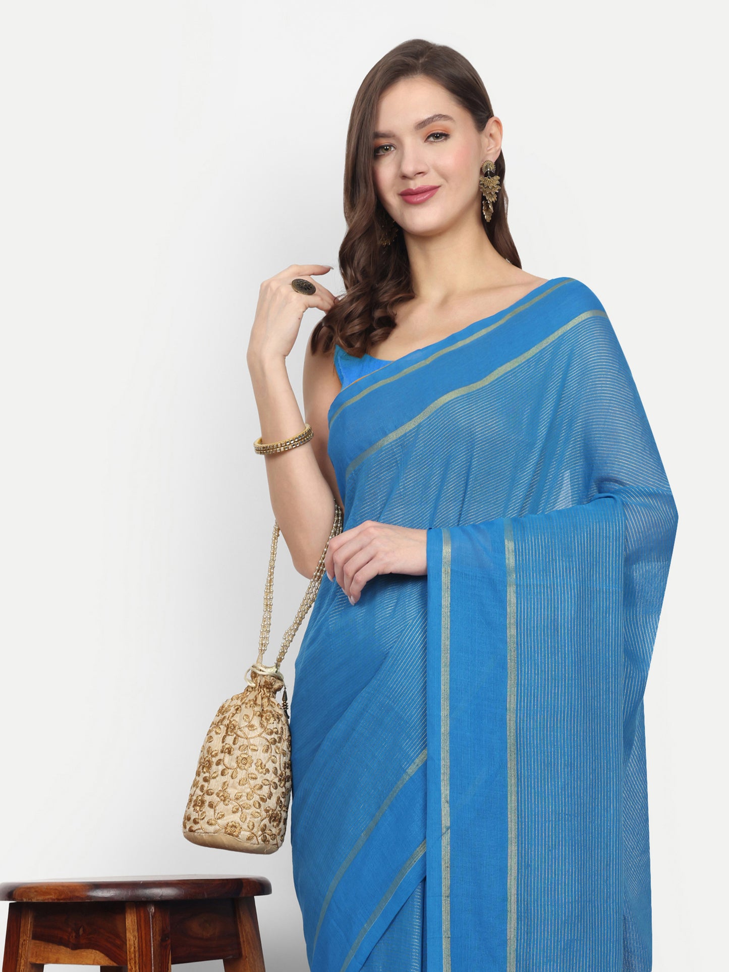 Cotton Jari Check Handloom Saree (Sky)