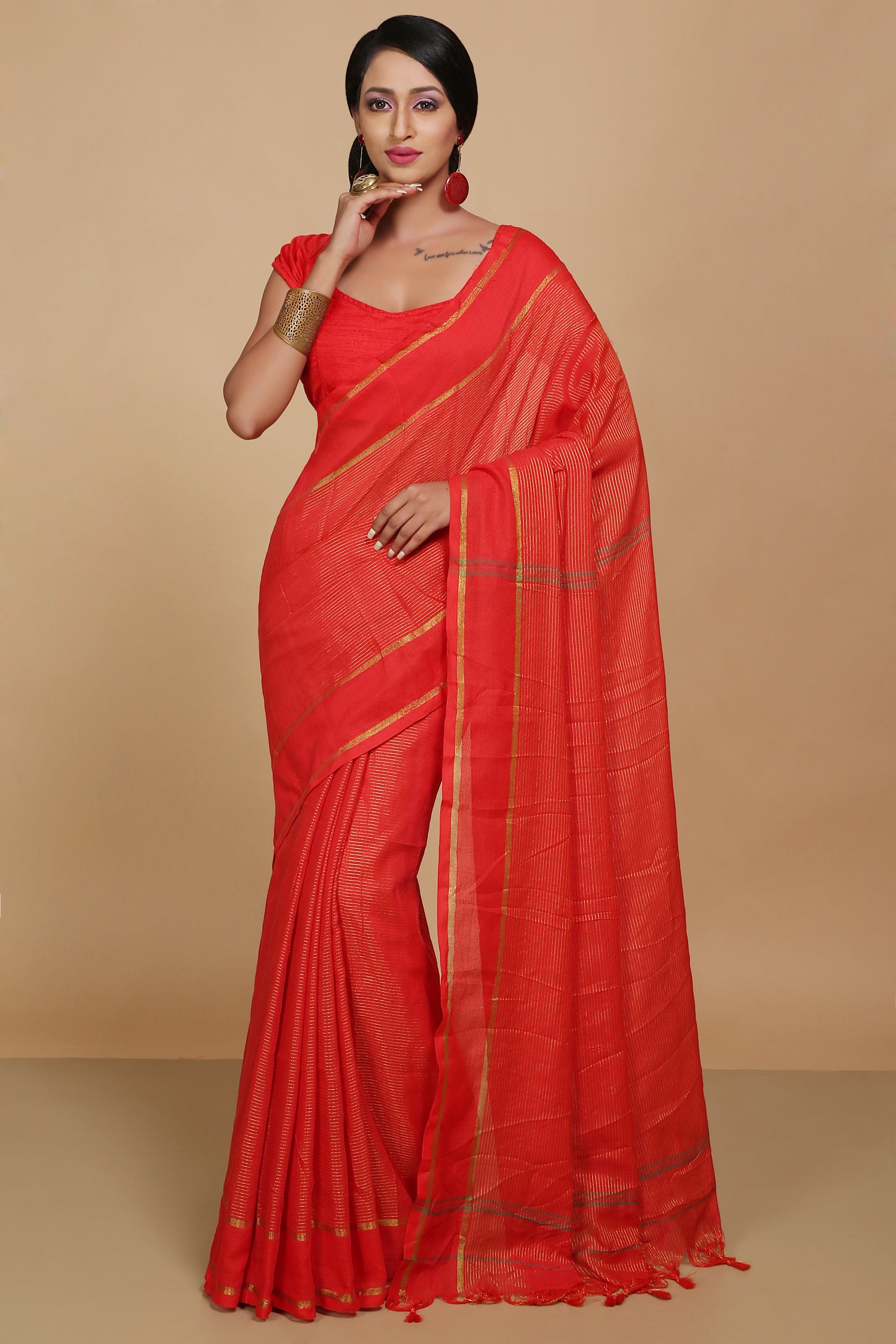 Cotton Jari Check Handloom Saree (RED)