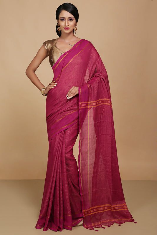 Cotton Jari Check Handloom Saree (Magenda)