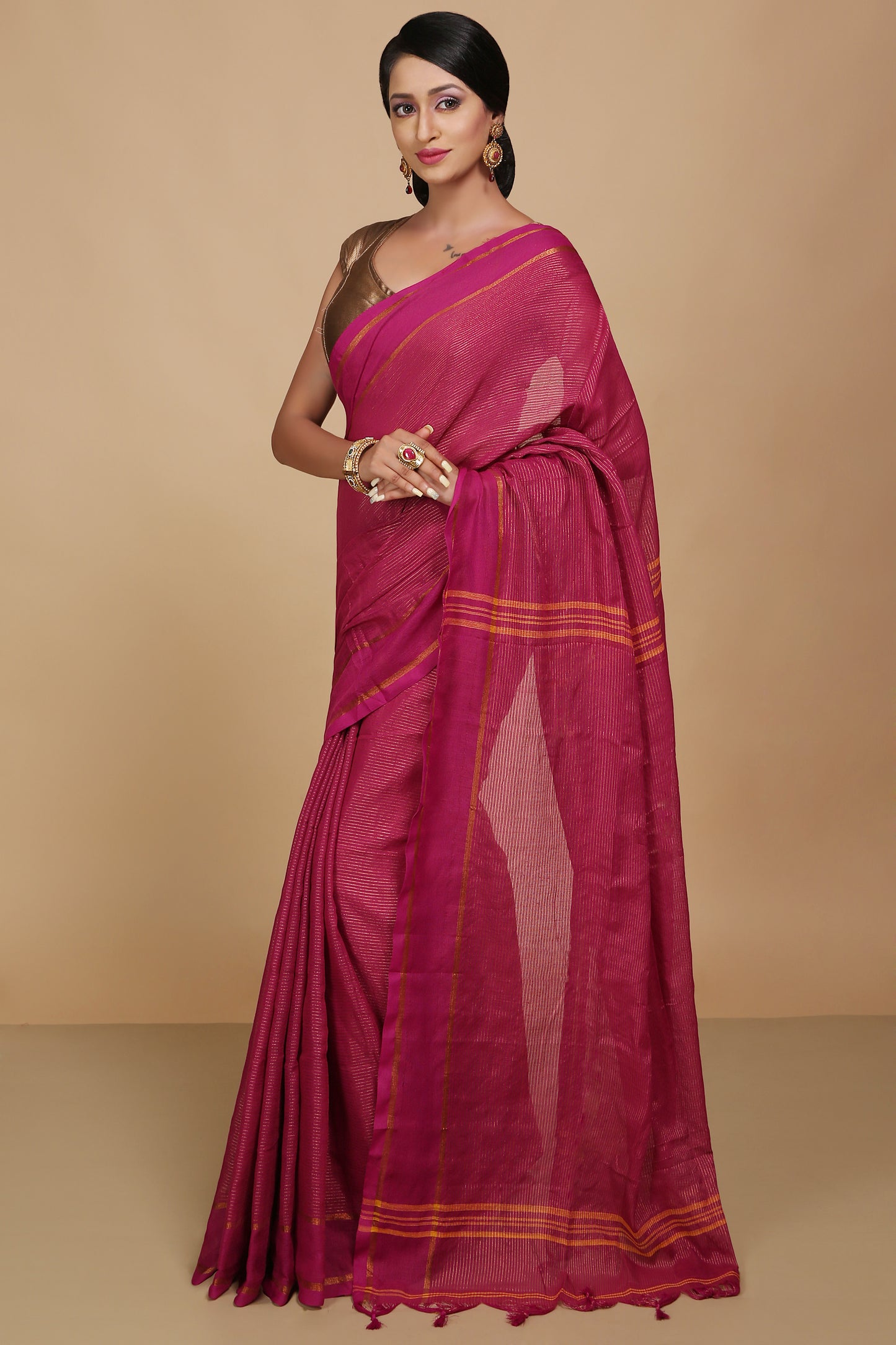 Cotton Jari Check Handloom Saree (Magenda)