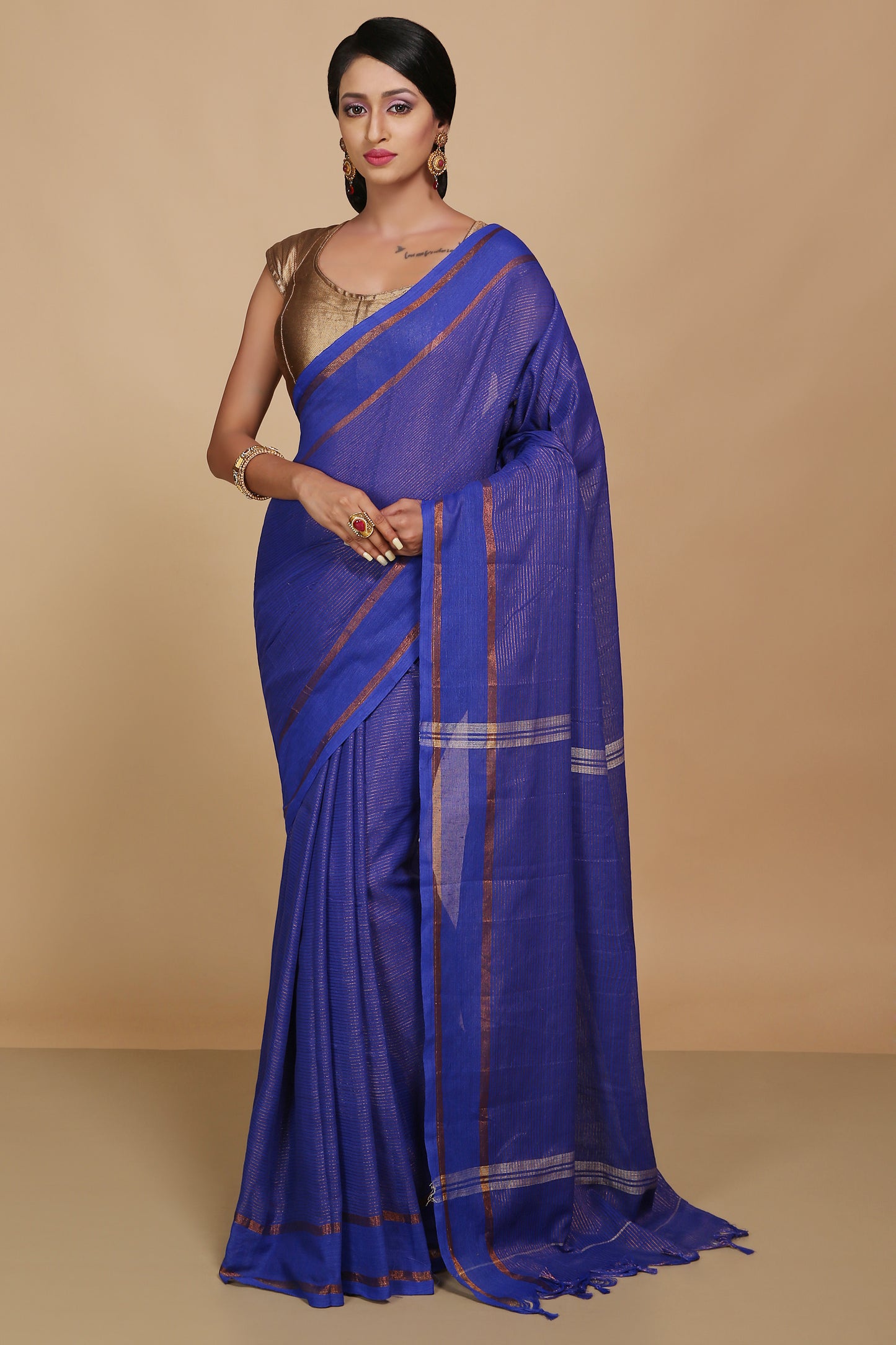 Cotton Jari Check Handloom Saree (Blue)